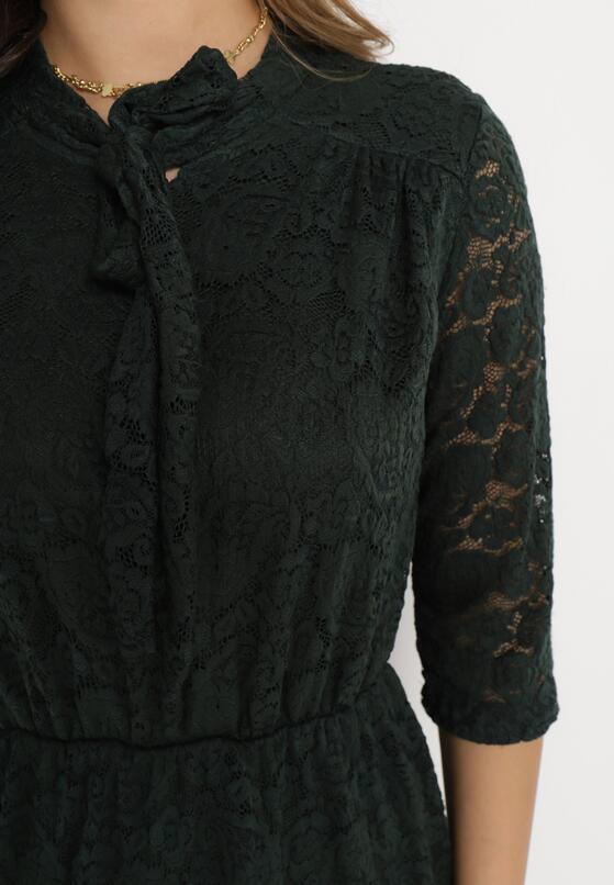 Ciemnozielona Koronkowa Sukienka Mini z Gumką w Pasie Eloriinya 5