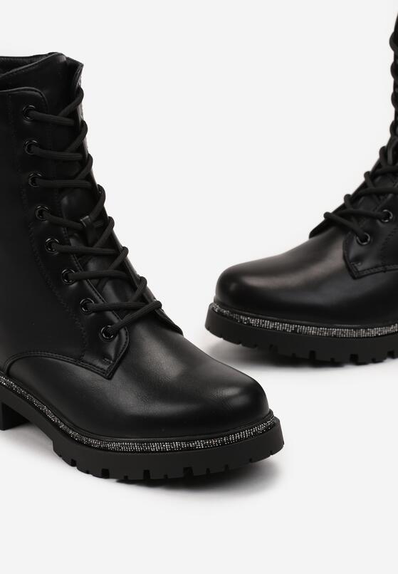 Czarne Sznurowane Botki Workery z Ekoskóry z Cyrkoniami na Podeszwie Velille 5
