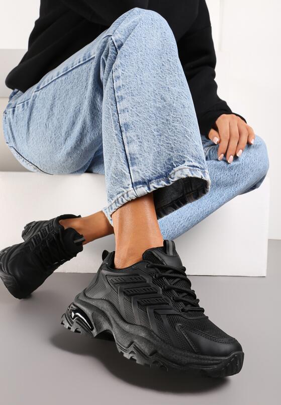 Czarne Sneakersy na Grubej Nieregularnej Podeszwie z Przeszyciami Hatila 2