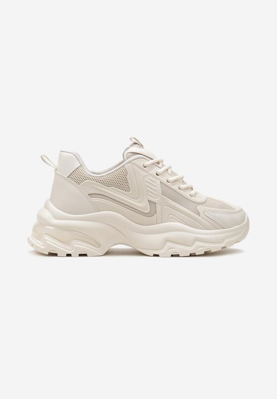 Beżowe Sznurowane Sneakersy na Grubej Podeszwie z Przeszyciami Vleni 4
