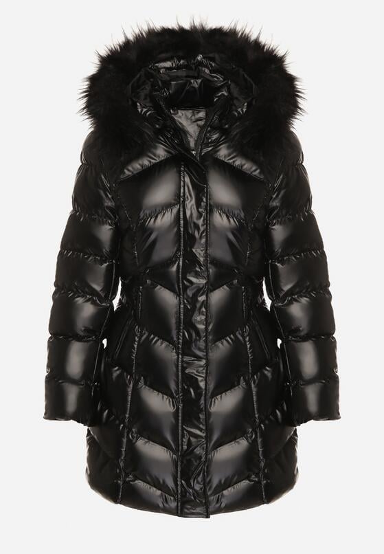 Czarna Pikowana Kurtka przed Kolano z Kapturem i Futerkiem Salasa 6