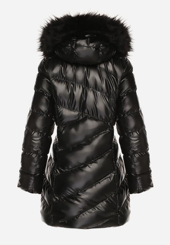 Czarna Pikowana Kurtka przed Kolano z Kapturem i Futerkiem Salasa 7