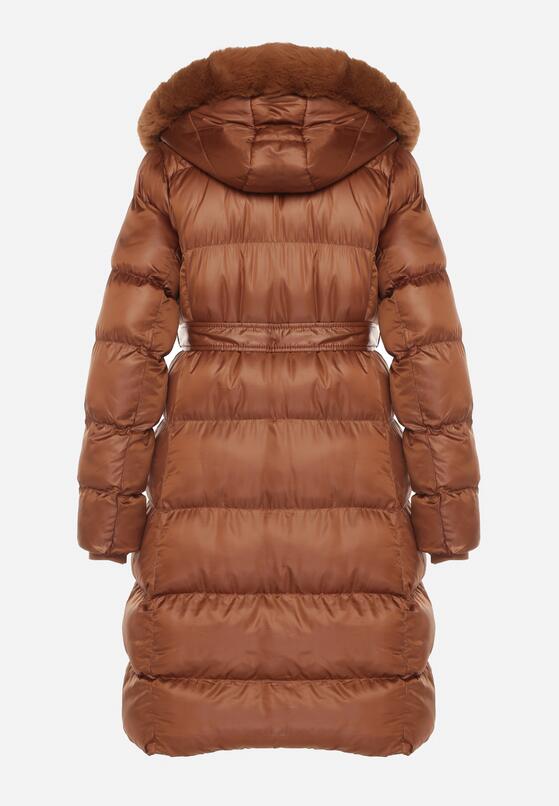 Brązowa Pikowana Kurtka za Kolano z Ozdobnym Futerkiem Velveti 7