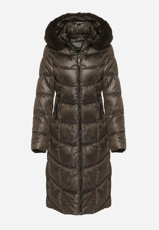 Ciemnozielona Pikowana Kurtka Płaszcz za Kolano z Kapturem i Futerkiem Naelora 6