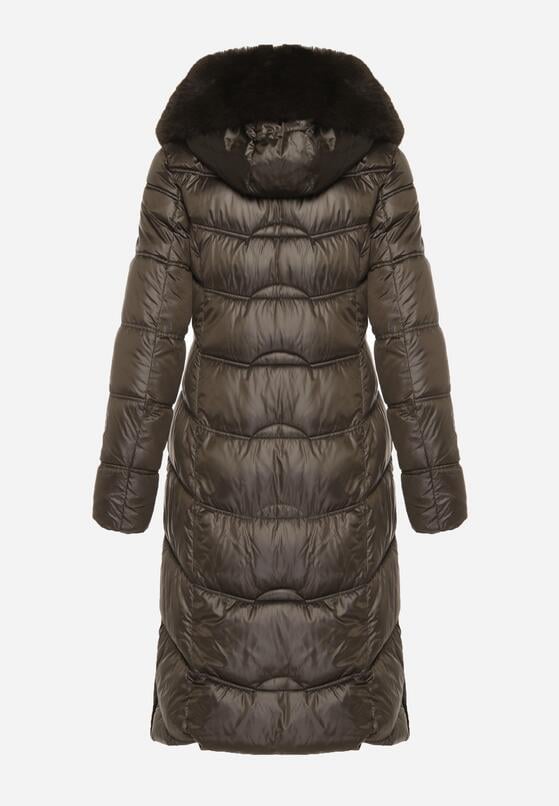 Ciemnozielona Pikowana Kurtka Płaszcz za Kolano z Kapturem i Futerkiem Naelora 7