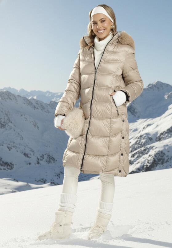 Beżowa Pikowana Kurtka Płaszcz za Kolano z Kapturem i Futerkiem Naelora 1