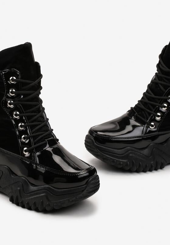 Czarne Lakierowane Sneakersy na Platformie z Wiązaniem Lorianah 7