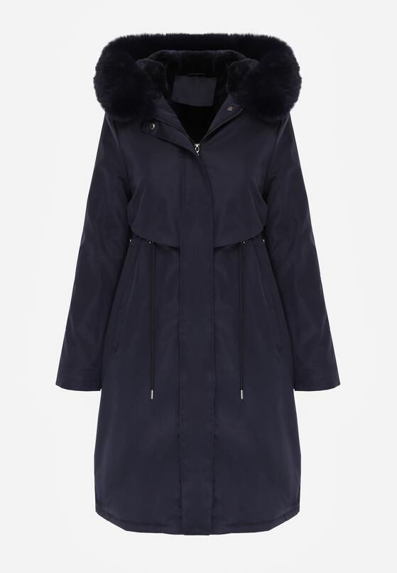 Granatowa Kurtka za Kolano ze Ściągaczem i Kapturem z Futerkiem Adoresa 6