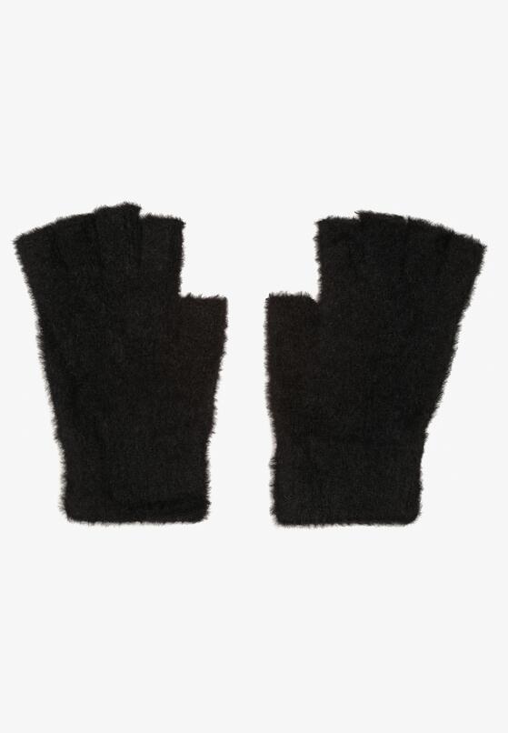 Czarne Rękawiczki Bez Palców z Dzianiny o Długim Włosiu Iraline 1