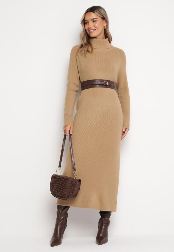Ciemnobeżowa Sukienka Sweterkowa z Golfem Nazareth 1