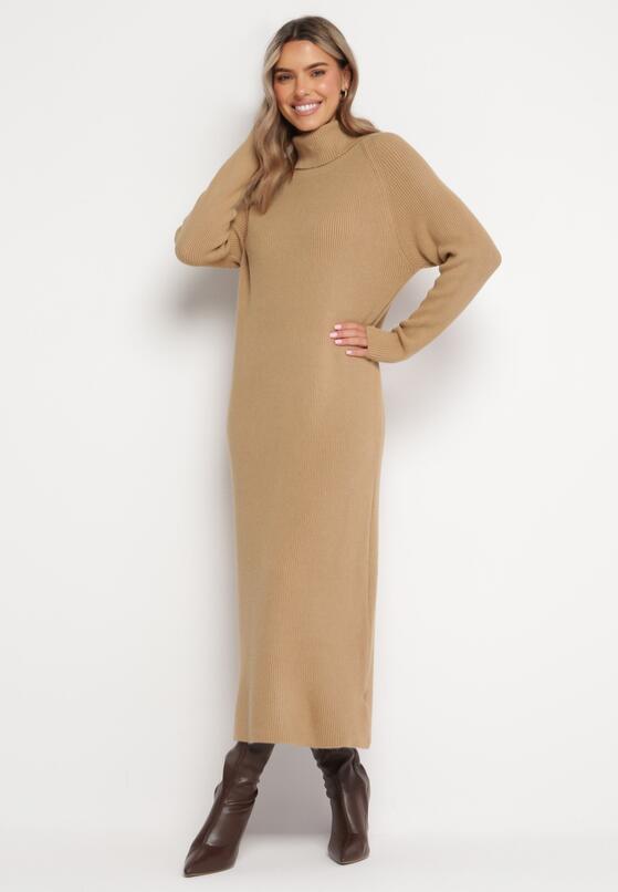 Ciemnobeżowa Sukienka Sweterkowa z Golfem Nazareth 2