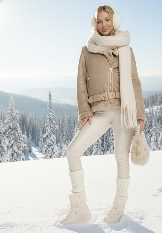 Beżowa Kurtka Pilotka z Asymetrycznym Zapięciem i Futerkiem Simuna 1