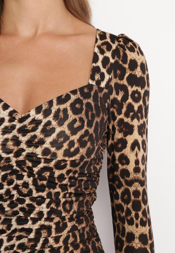 Brązowa Dopasowana Sukienka Mini z Marszczeniem Ticale 5