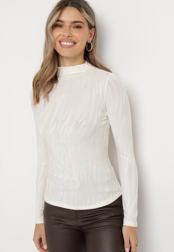 Jasnobeżowa Bluzka z Półgolfem i Zwierzęcym Motywem Stellona 2