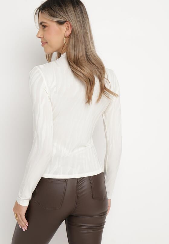 Jasnobeżowa Bluzka z Półgolfem i Zwierzęcym Motywem Stellona 3