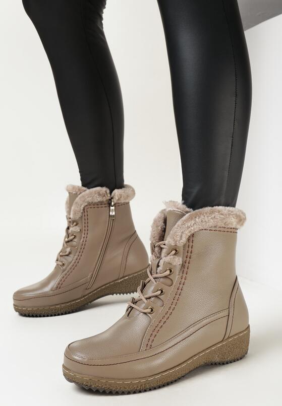 Ciemnobeżowe Botki za Kostkę z Sznurowaniem Darinthia 2