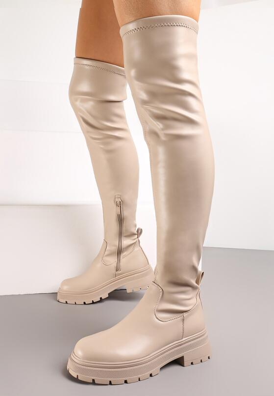 Ciemnobeżowe Kozaki za Kolano z Ekoskóry na Grubej Podeszwie Astelin 1