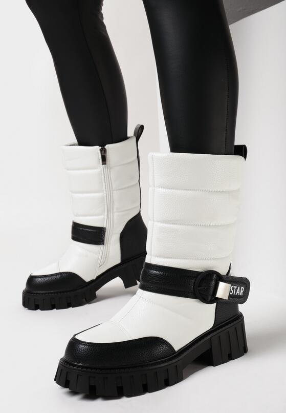 Biało-Czarne Botki na Płaskiej Podeszwie z Klamrą i Pikowaniem Aurorab 2