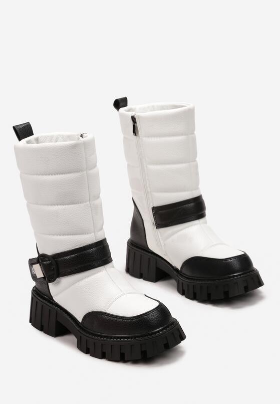 Biało-Czarne Botki na Płaskiej Podeszwie z Klamrą i Pikowaniem Aurorab 4