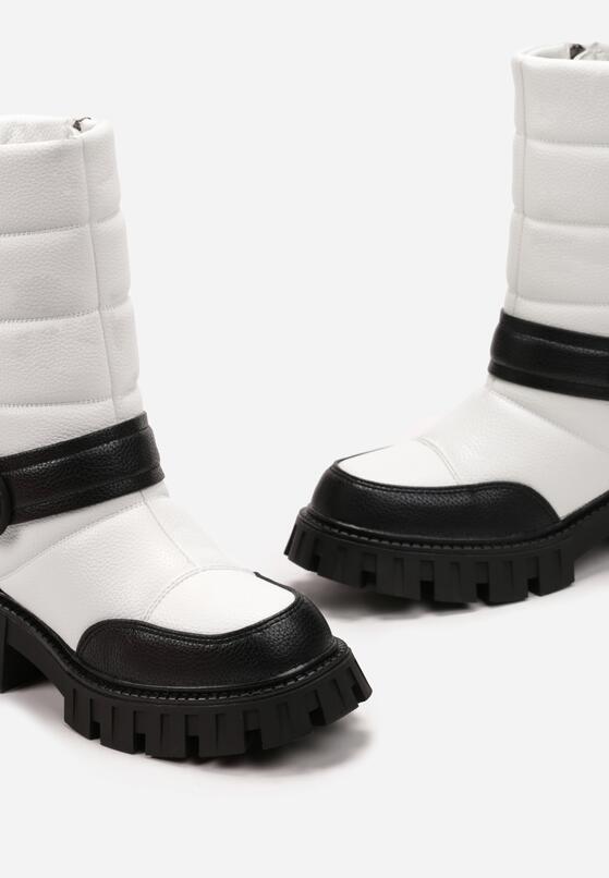 Biało-Czarne Botki na Płaskiej Podeszwie z Klamrą i Pikowaniem Aurorab 5