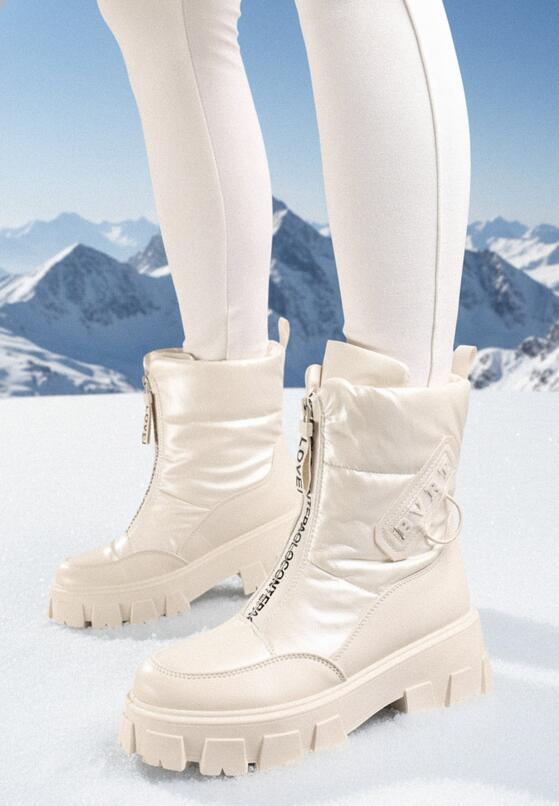 Beżowe Śniegowce na Płaskiej Podeszwie z Zamkiem z Przodu i Napisem Bulluna 1