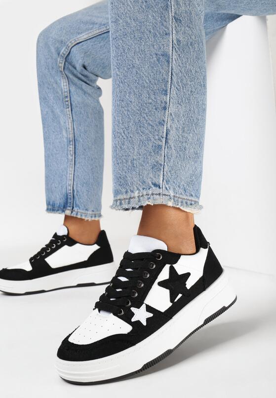 Czarne Sneakersy na Grubej Podeszwie z Jeansowymi Wstawkami i Gwiazdkami Silvora 1