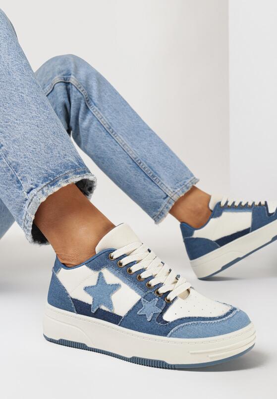 Niebieskie Sneakersy  na Grubej Podeszwie z Jeansowymi Wstawkami i Gwiazdkami Silvora 1