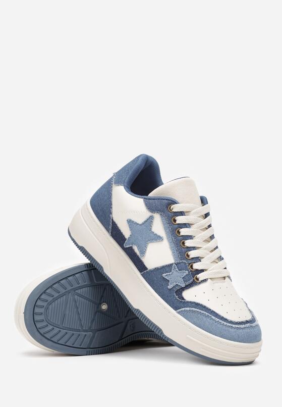 Niebieskie Sneakersy  na Grubej Podeszwie z Jeansowymi Wstawkami i Gwiazdkami Silvora 4