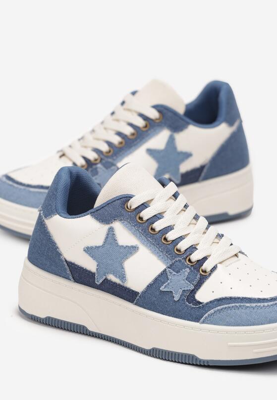 Niebieskie Sneakersy  na Grubej Podeszwie z Jeansowymi Wstawkami i Gwiazdkami Silvora 5
