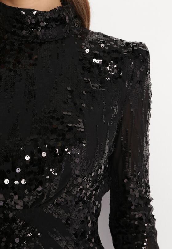 Czarna Cekinowa Sukienka Mini z Poduszkami w Ramionach Macerata 5