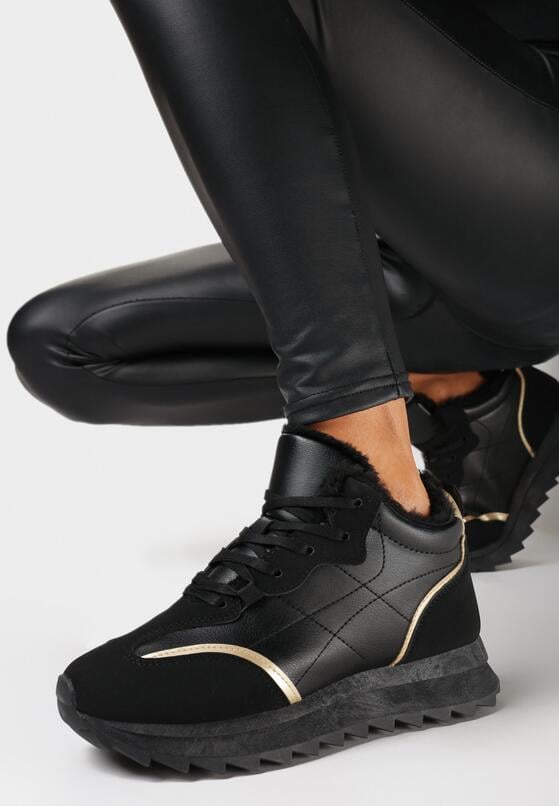 Czarne Ocieplane Sneakersy na Grubej Podeszwie z Ozdobnymi Wstawkami i Sznurowaniem Loara 2