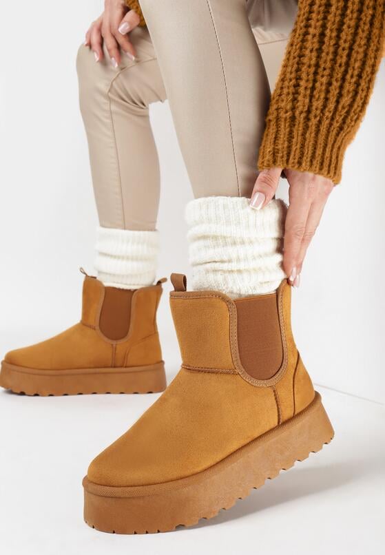 Brązowe Śniegowce na Platformie z Cholewką z Ekozamszu za Kostkę z Ozdobną Wstawką Selriwa 1