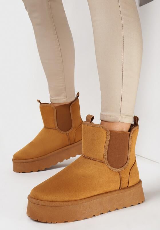 Brązowe Śniegowce na Platformie z Cholewką z Ekozamszu za Kostkę z Ozdobną Wstawką Selriwa 2