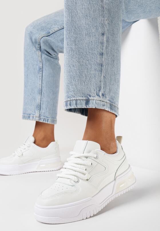 Białe Sznurowane Sneakersy na Grubej Podeszwie z Ekoskóry z Przeszyciami Malacia 1