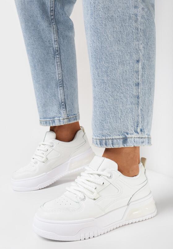 Białe Sznurowane Sneakersy na Grubej Podeszwie z Ekoskóry z Przeszyciami Malacia 2