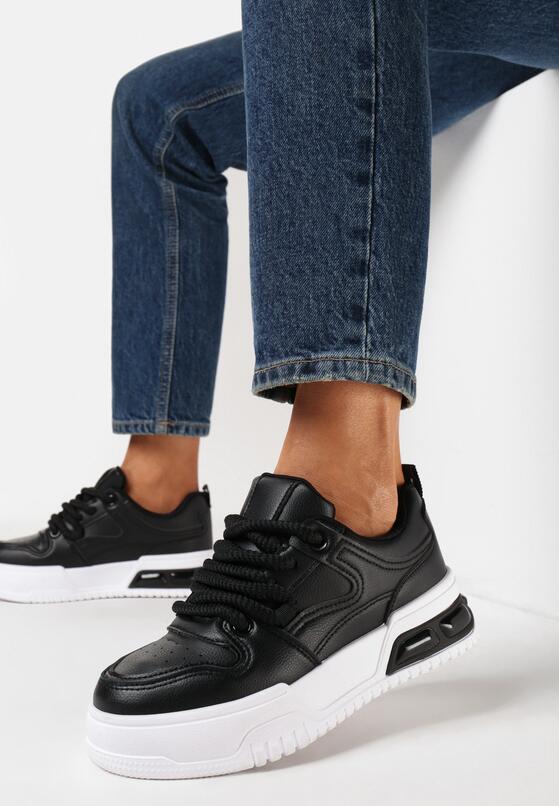 Czarne Sznurowane Sneakersy na Grubej Podeszwie z Ekoskóry z Przeszyciami Malacia 1