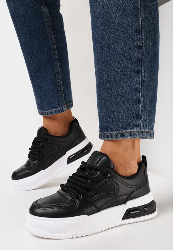 Czarne Sznurowane Sneakersy na Grubej Podeszwie z Ekoskóry z Przeszyciami Malacia 2