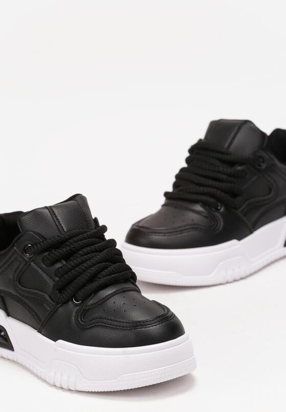 Czarne Sznurowane Sneakersy na Grubej Podeszwie z Ekoskóry z Przeszyciami Malacia 5