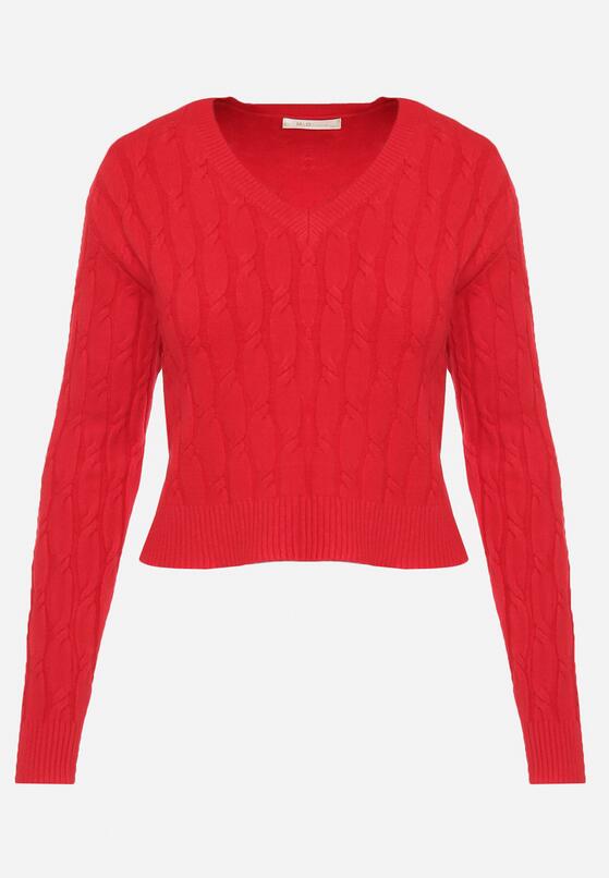 Czerwony Sweter w Warkoczykowy Splot z Trójkątnym Dekoltem Goldria 6