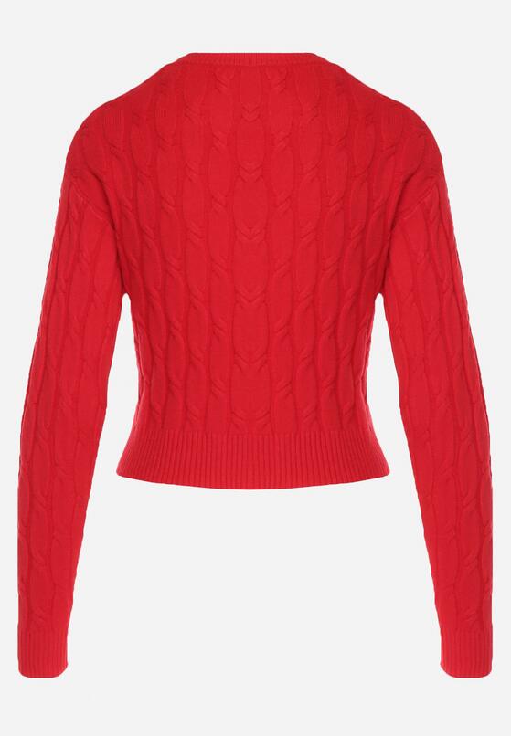 Czerwony Sweter w Warkoczykowy Splot z Trójkątnym Dekoltem Goldria 7