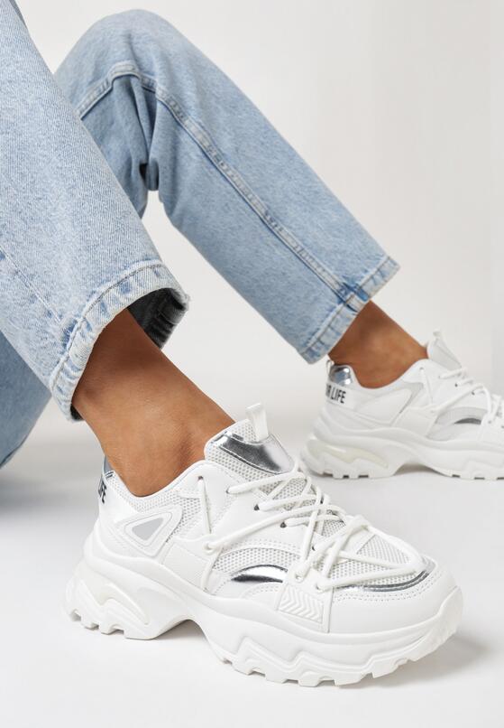 Białe Sznurowane Sneakersy na Grubej Podeszwie z Siateczką Pebblesa 1