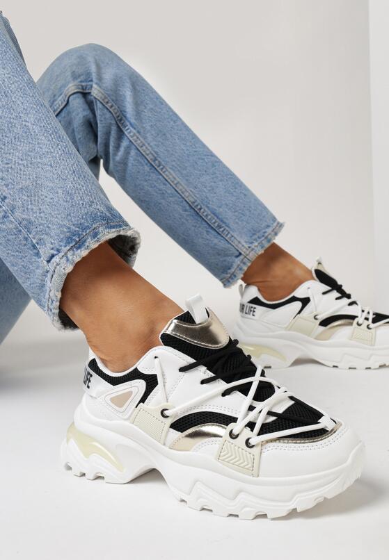 Biało-Czarne Sznurowane Sneakersy na Grubej Podeszwie z Siateczką Pebblesa 1