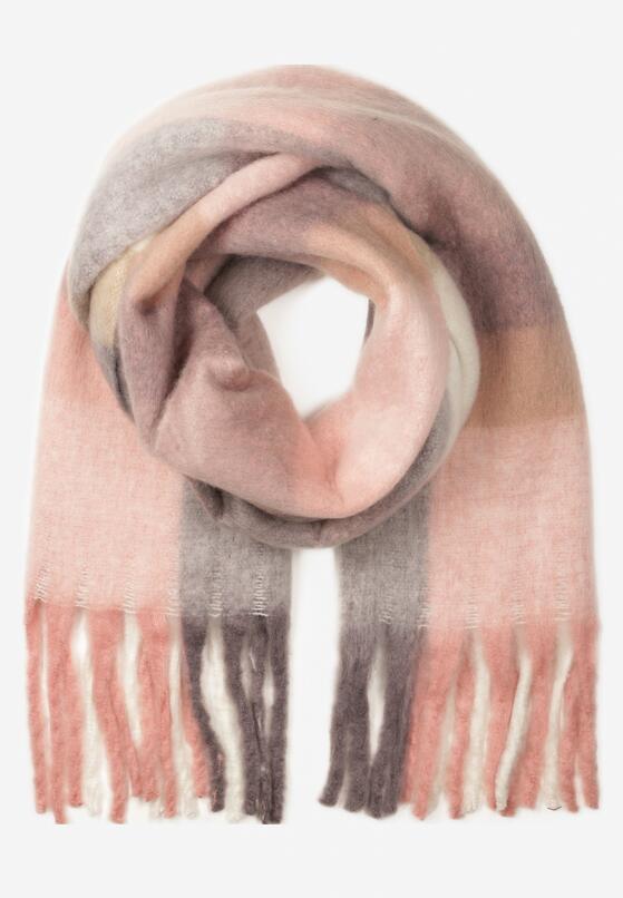 Jasnoróżowy Pastelowy Szalik w Kratę z Szerokimi Frędzlami Aresila 1