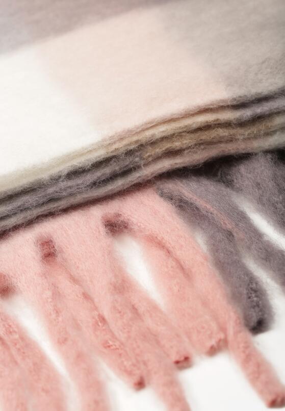 Jasnoróżowy Pastelowy Szalik w Kratę z Szerokimi Frędzlami Aresila 2