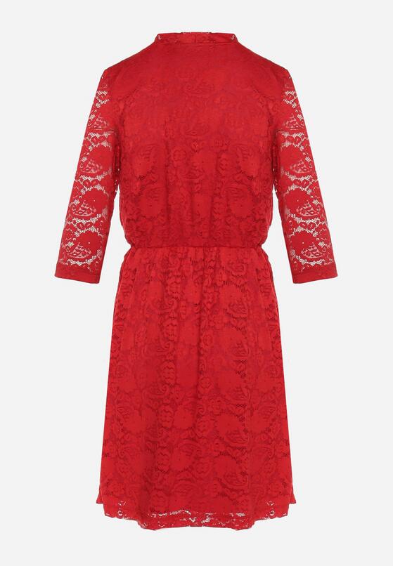 Bordowa Koronkowa Sukienka Mini z Gumką w Pasie Eloriinya 7