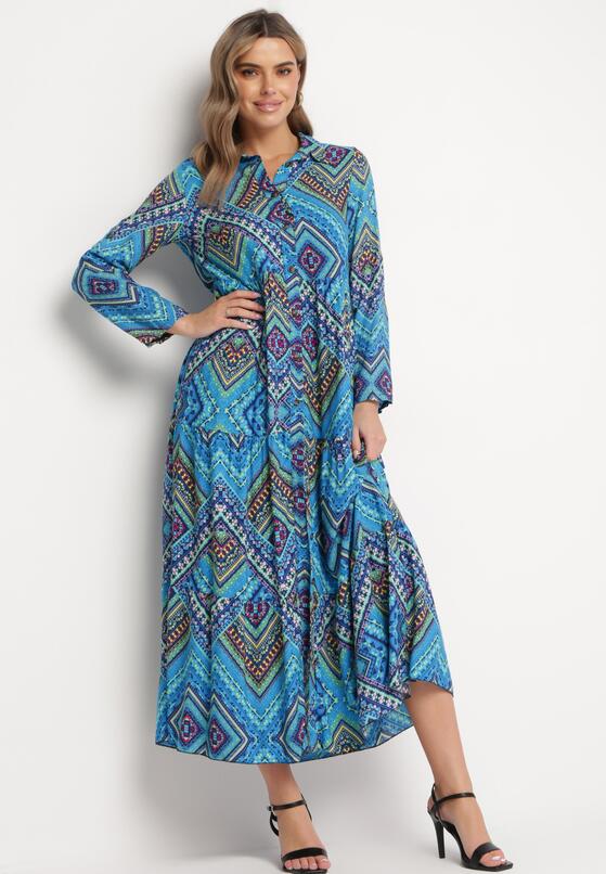 Niebieska Bawełniana Sukienka Koszulowa Maxi w Stylu Boho Hlevana 4