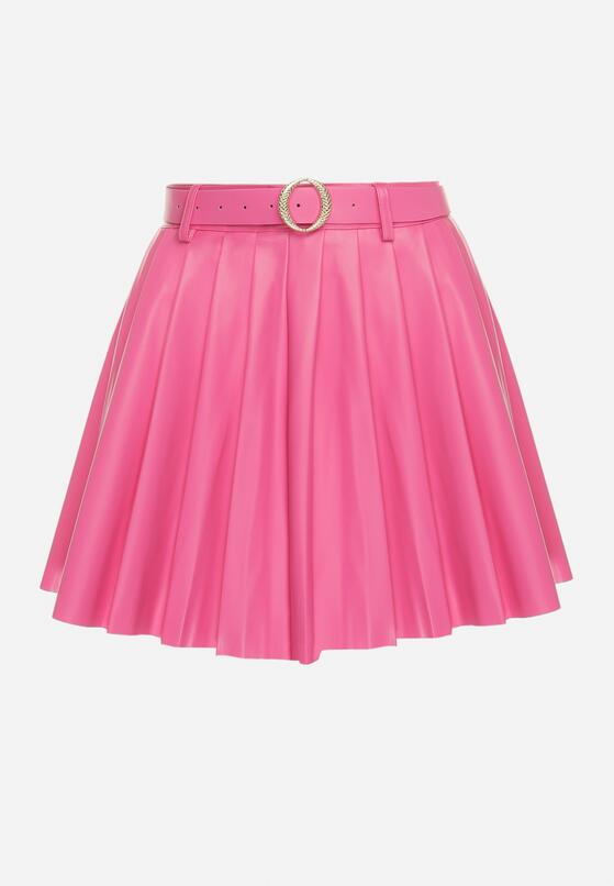 Różowa Plisowana Mini Spódnica z Paskiem z Klamrą Isabellika 6