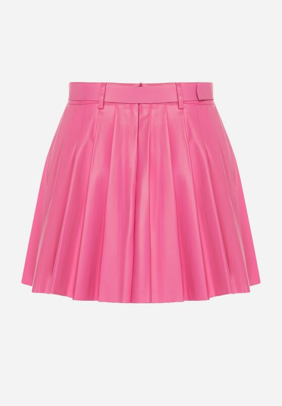 Różowa Plisowana Mini Spódnica z Paskiem z Klamrą Isabellika 7