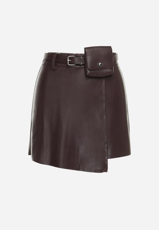 Ciemnobordowe Asymetryczne Szorty Spódnica z Ekoskóry z Dodatkowym Paskiem Horindia 6