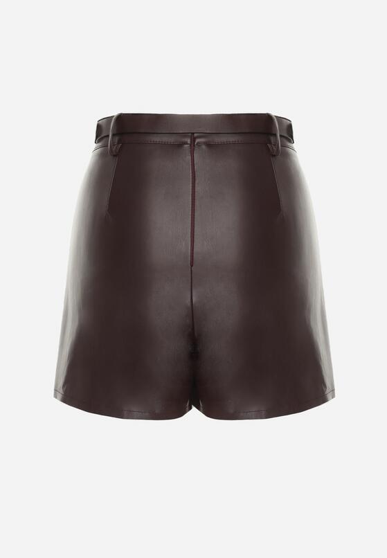 Ciemnobordowe Asymetryczne Szorty Spódnica z Ekoskóry z Dodatkowym Paskiem Horindia 7